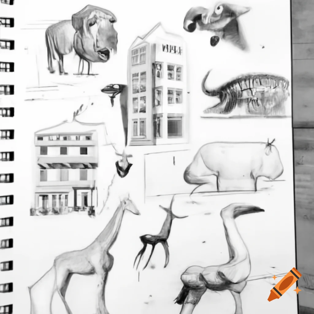 Sketches of animals and architectural diagrams in a black ink sketchbook