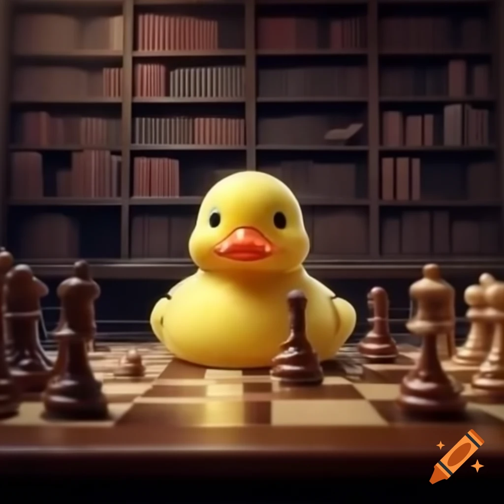 Rubber duck playing chess in a historical library