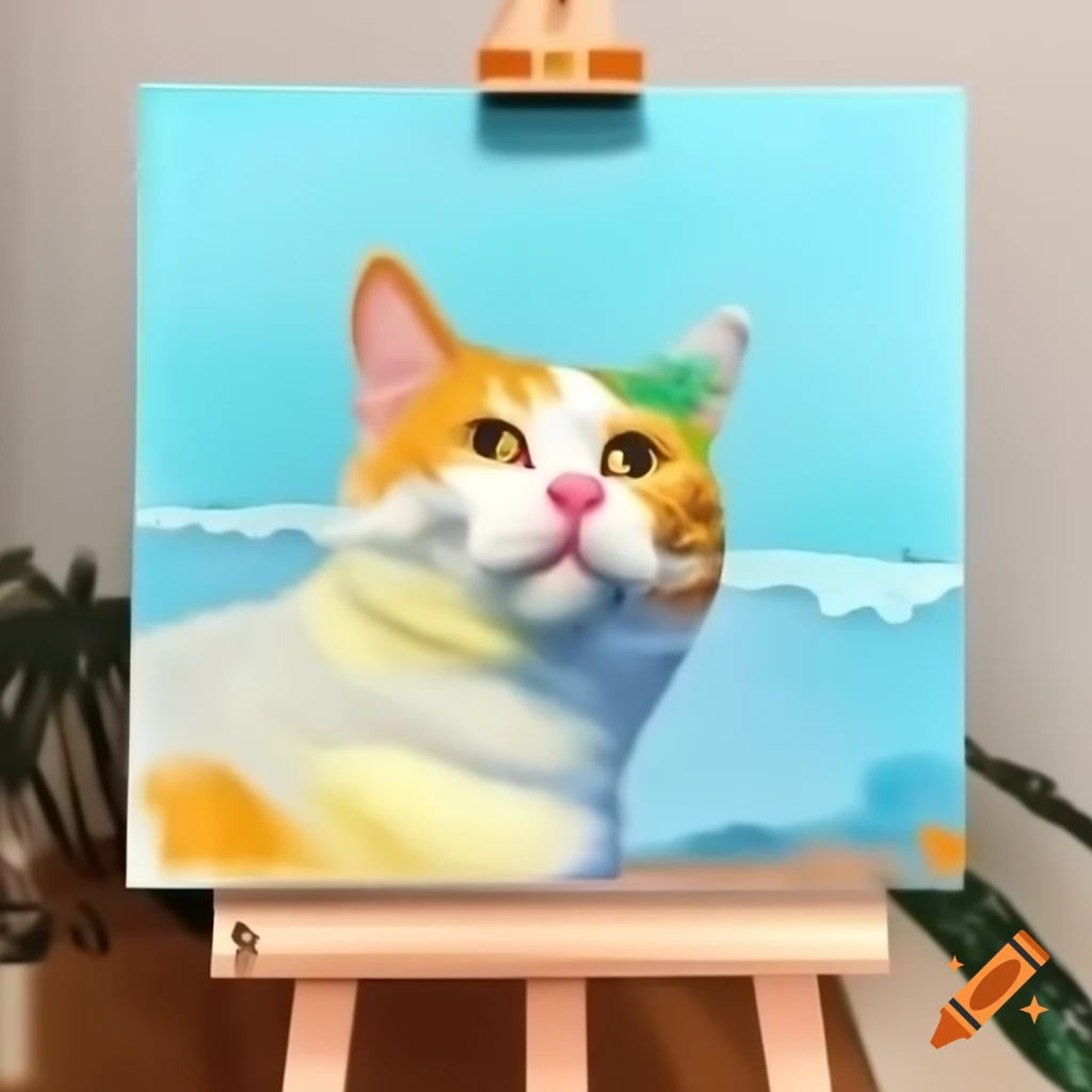 Close-up of yellow cat watercolor painting on easel
