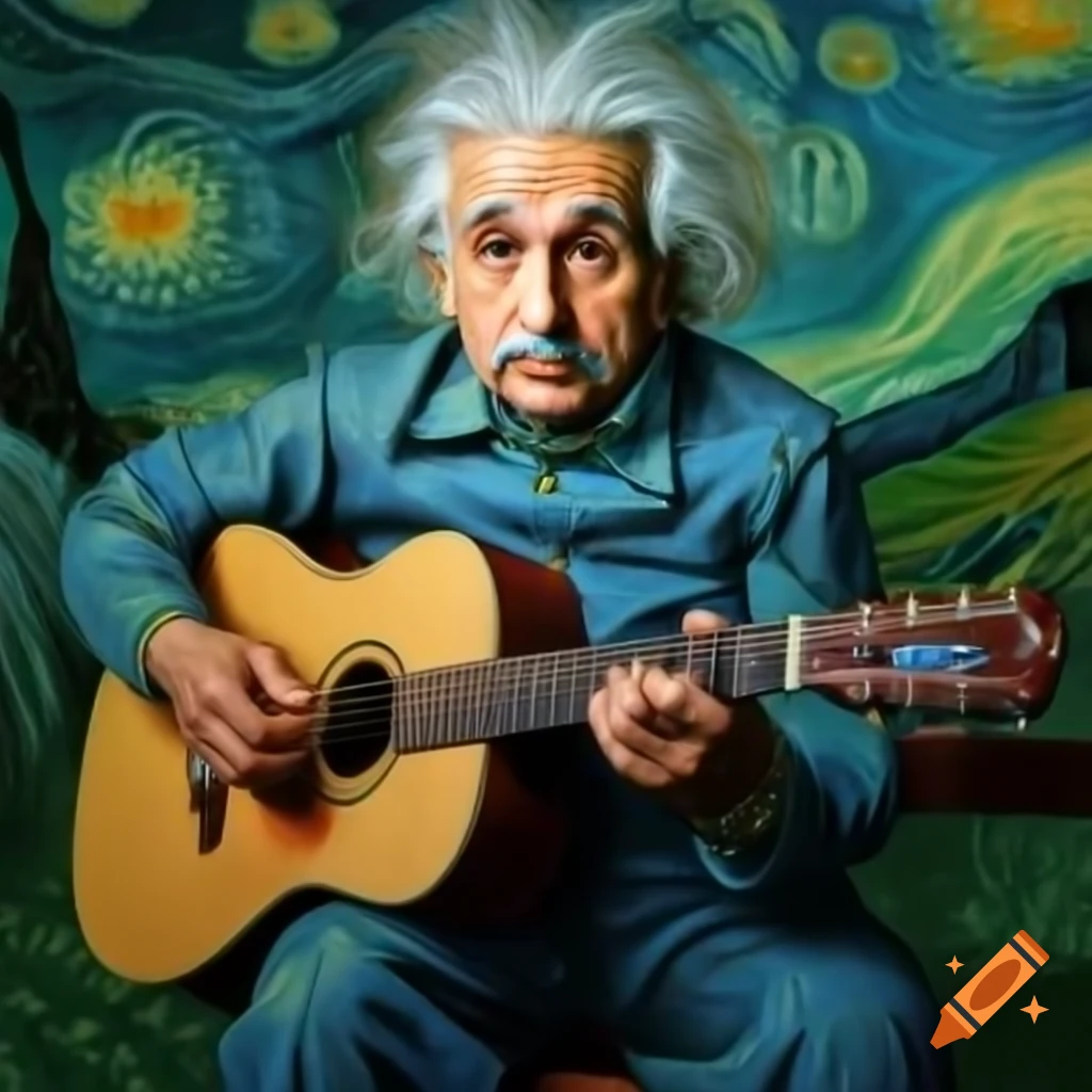 Albert Einstein playing blues on acoustic guitar in Van Gogh style