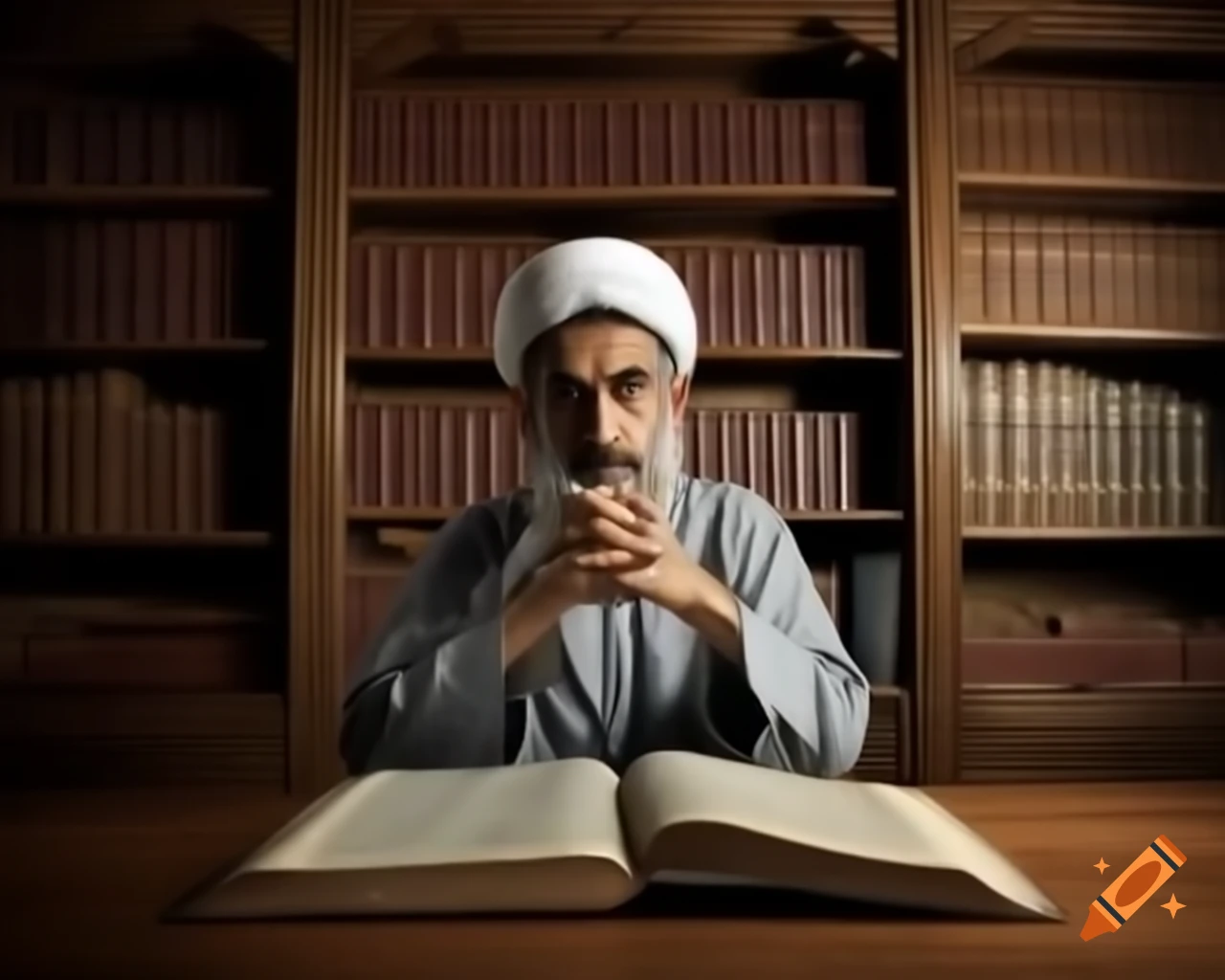 Young man and older man sitting at table in Arab Islamic library