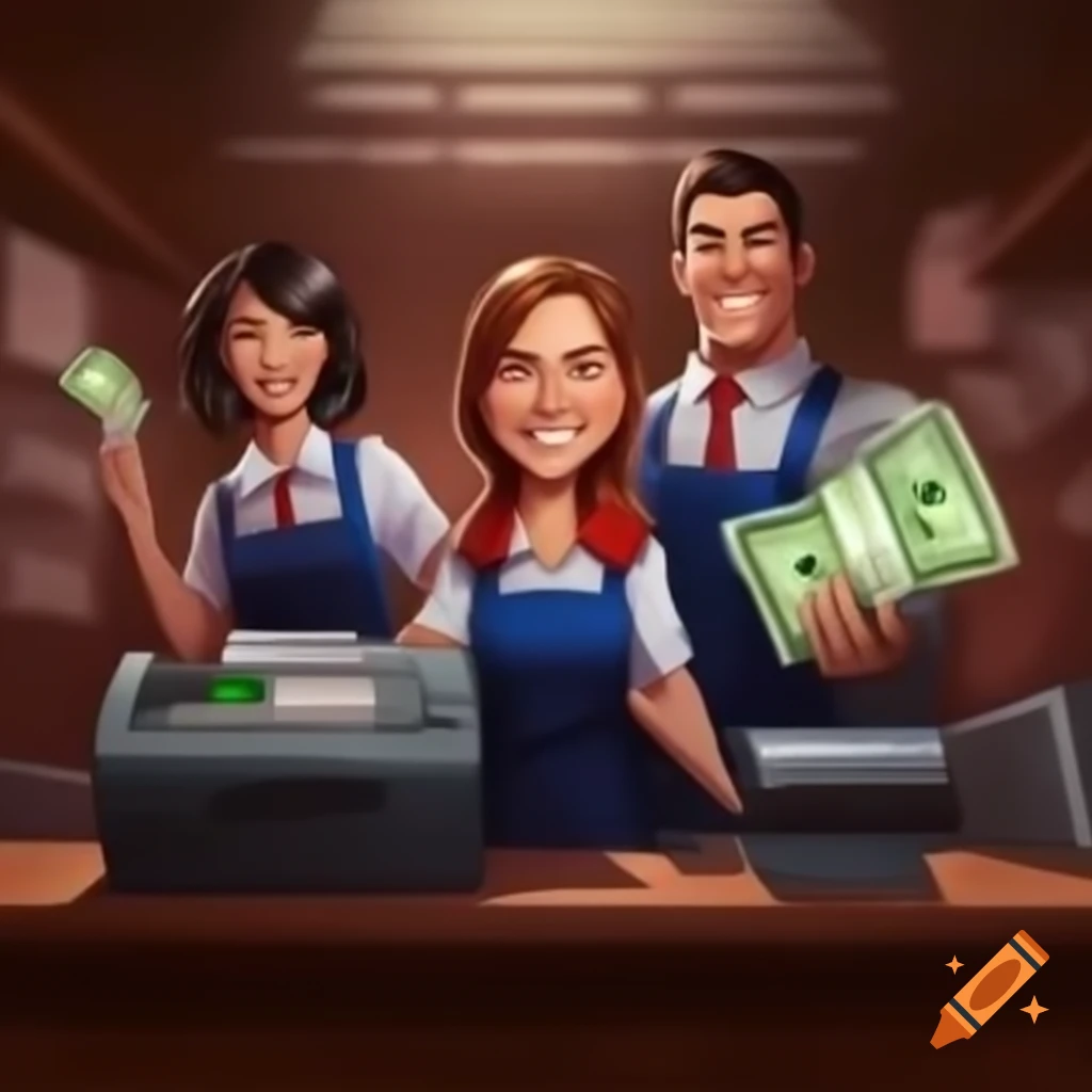 Friendly employees at cash register ready to serve customers