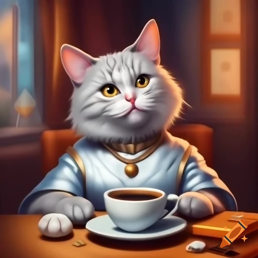 Cat in silver dress and pearl necklace holding coffee cup, watercolor painting