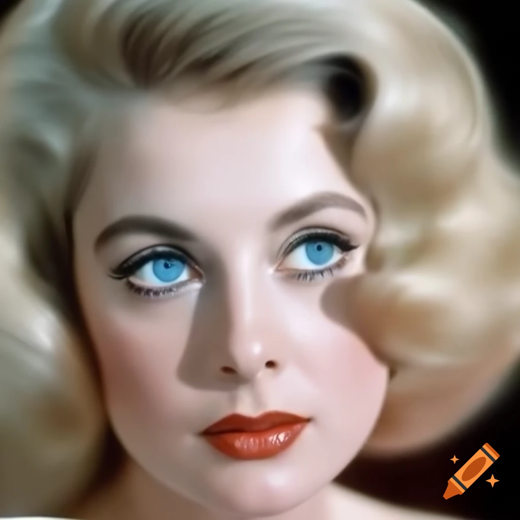 Hyper-realistic vintage photograph of a charming European actress from 1963 with porcelain skin and blue eyes