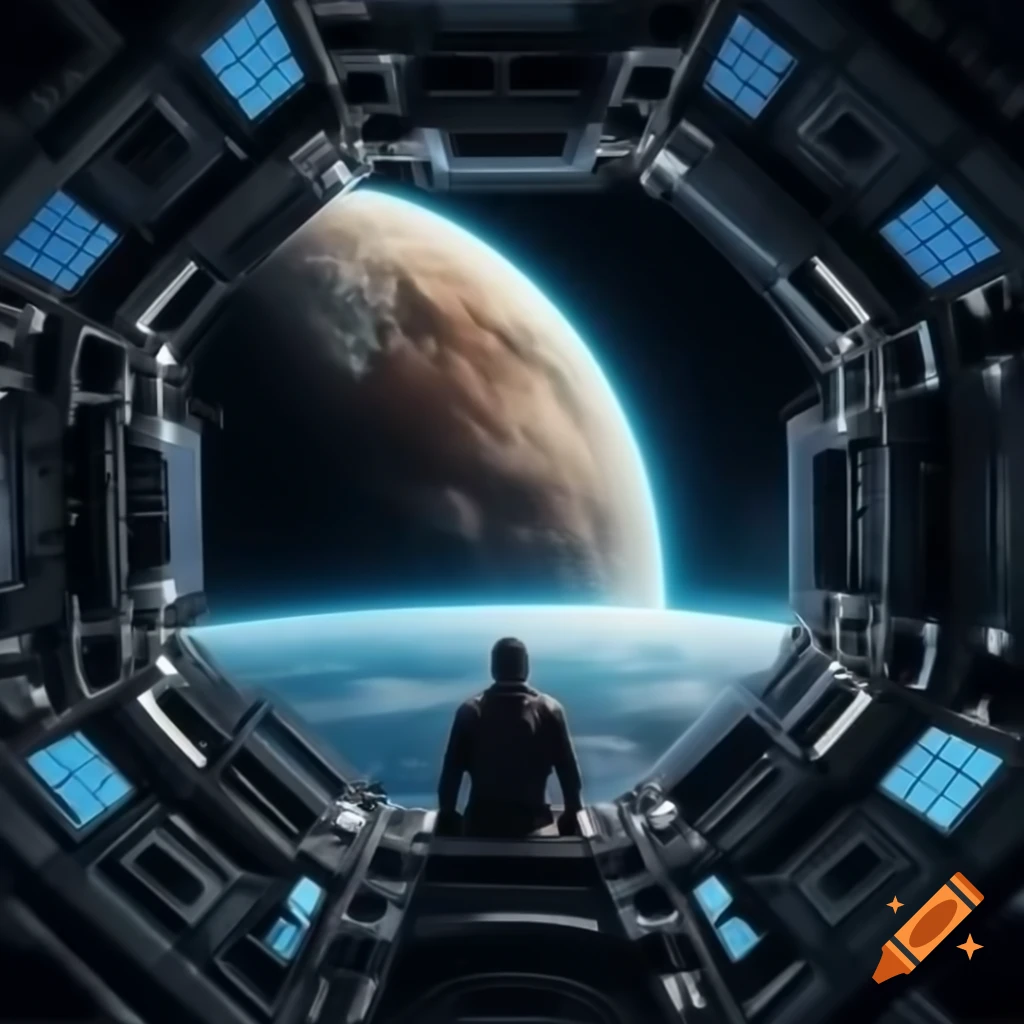 Inside spaceship observing planetary alignment