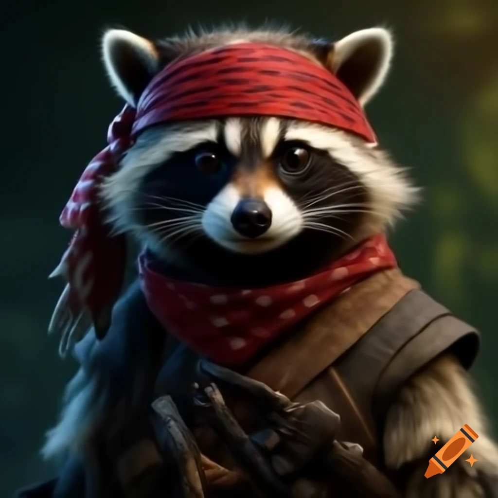 Pirate-style raccoon portrait with bandana