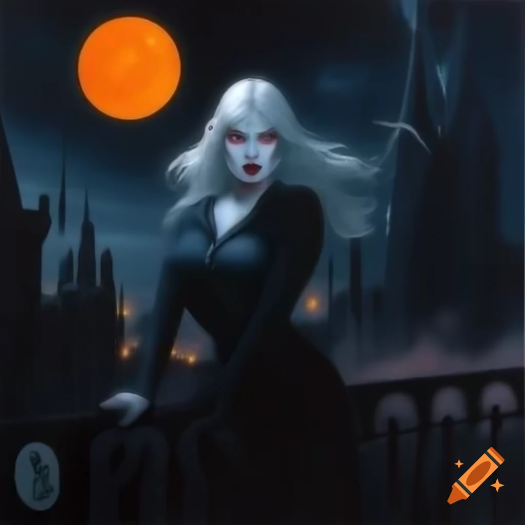 Gothic steampunk cityscape with vampire figures under orange moon in 1980s pulp art style