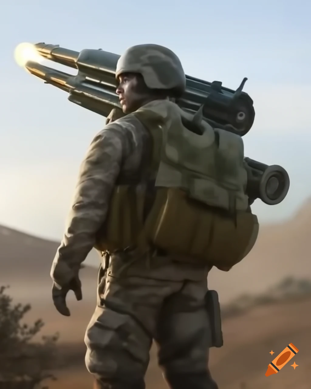 Futuristic soldier with rocket launcher on shoulder