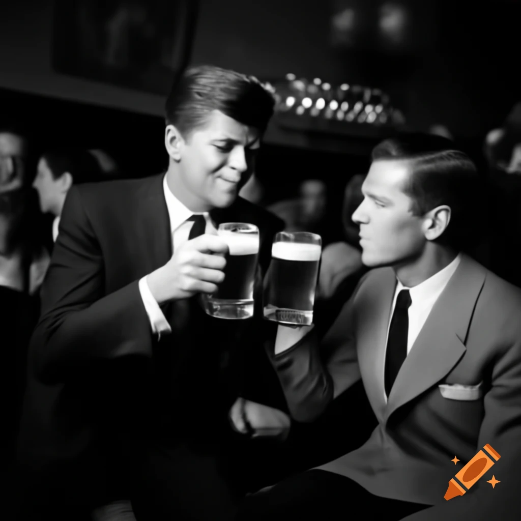 Historical scene of JFK socializing with Lee Harvey Oswald over drinks
