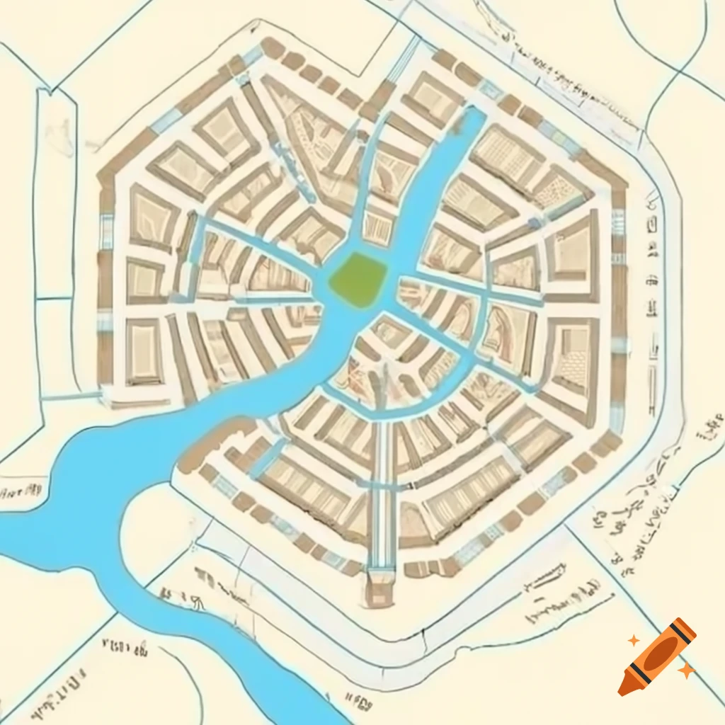 Pentagon-shaped town map with flowing river through the city