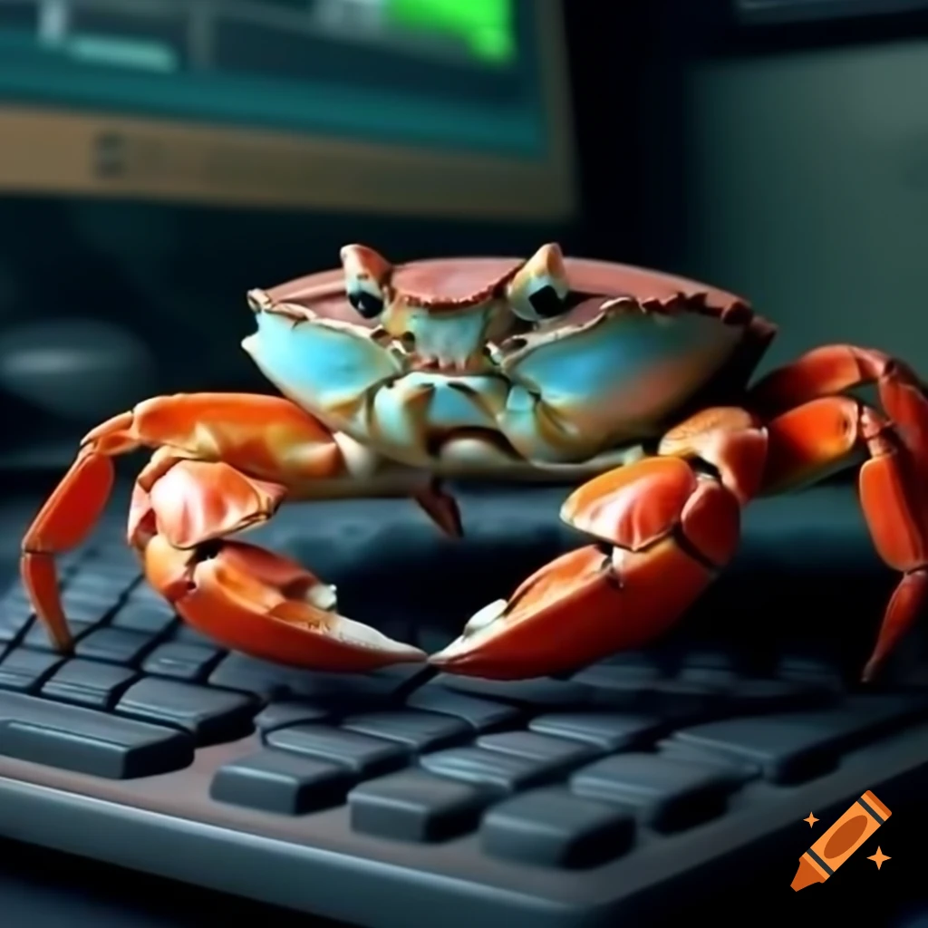 Rusty crab using a computer