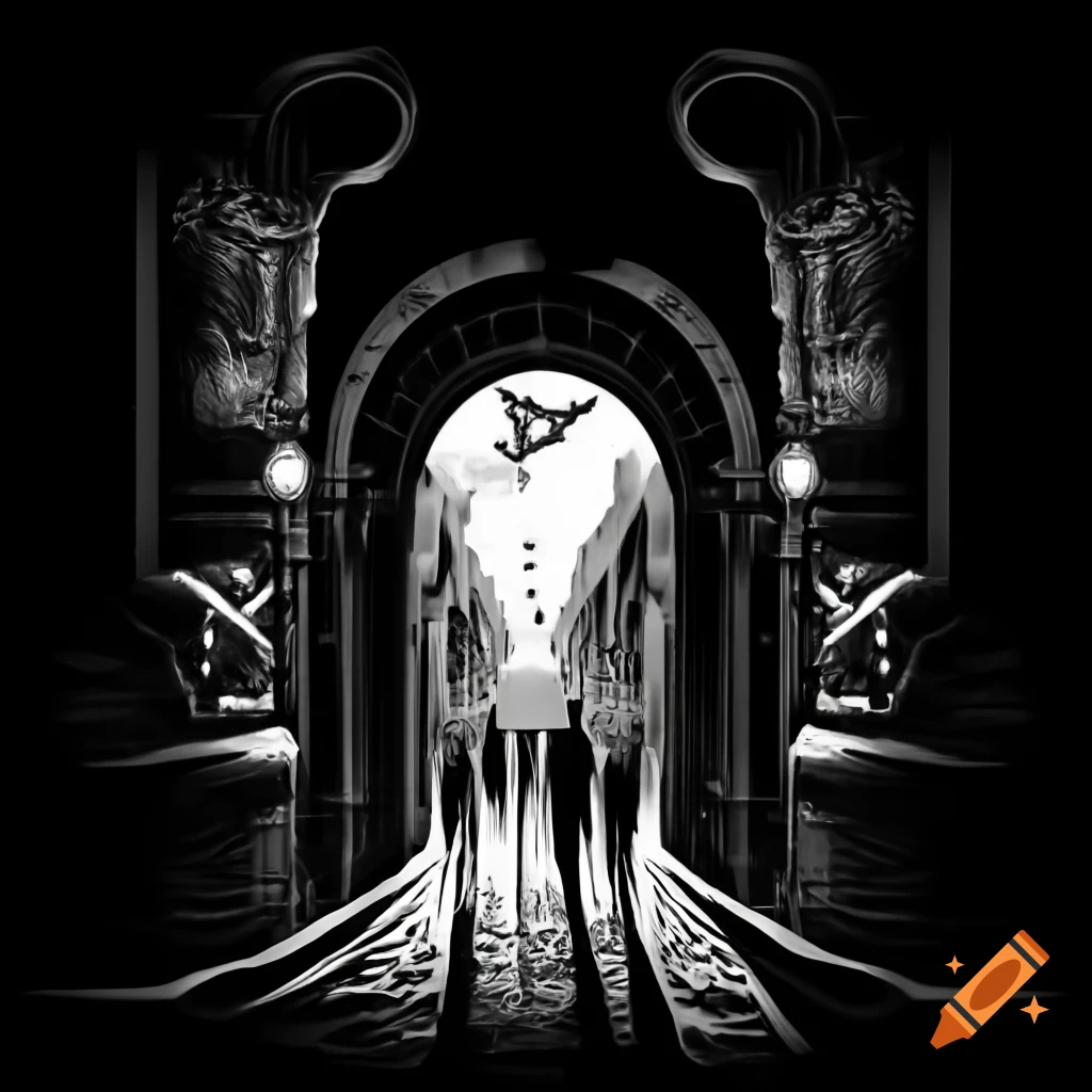 Monochromatic pen and ink fantasy of ancient archway casting shadows on Parisian street
