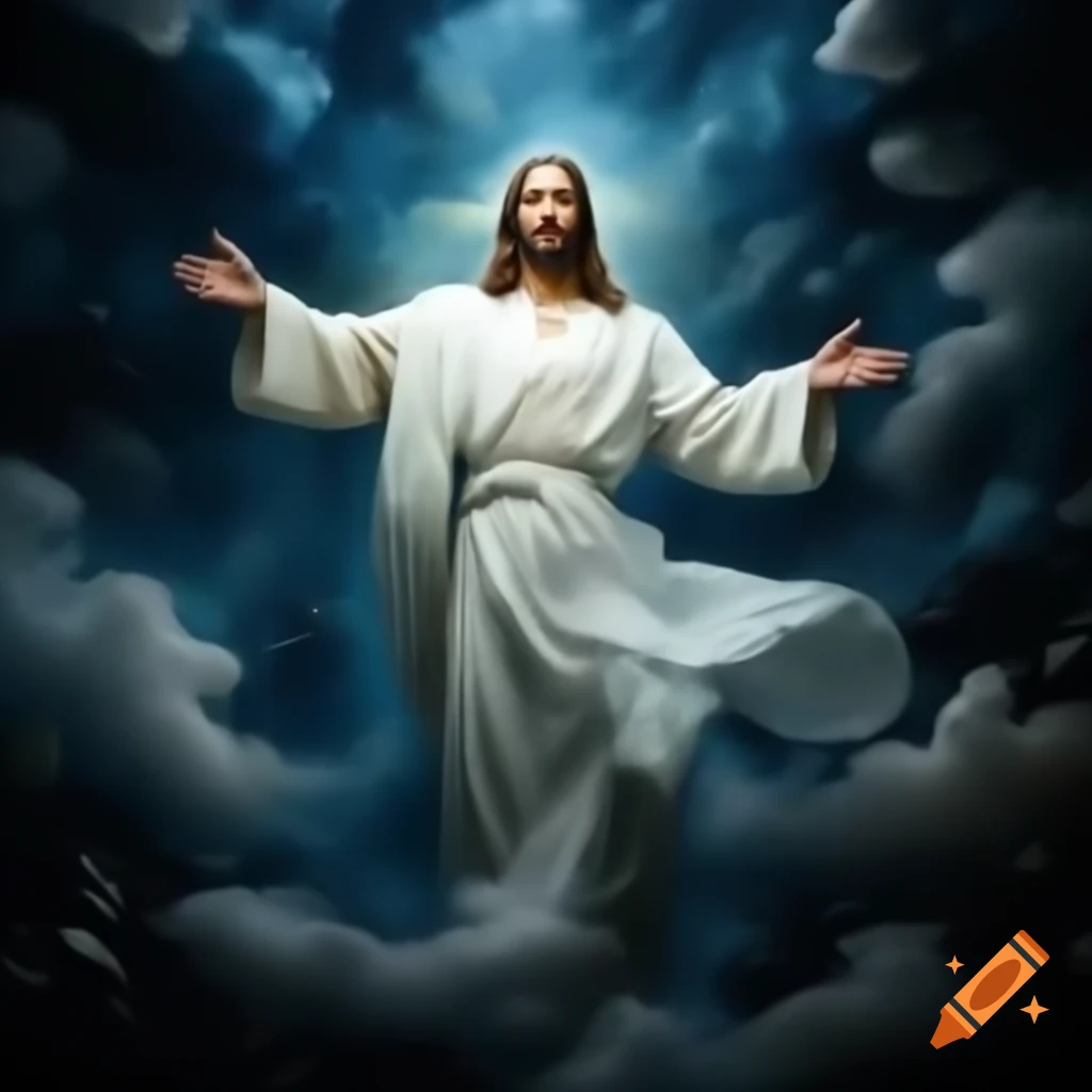 Oil painting of Jesus ascending from heaven in white robe