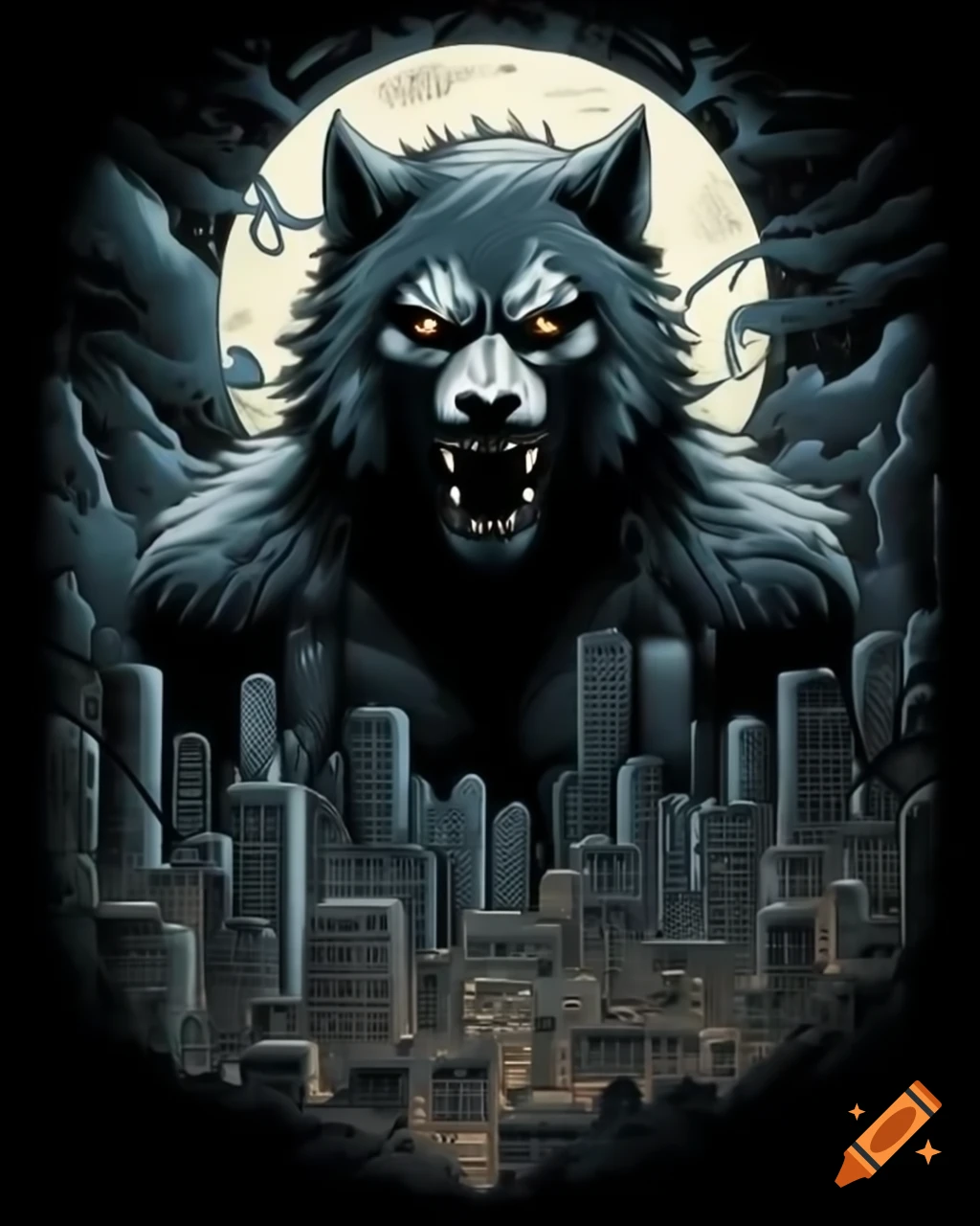 Werewolf transformation in city with moon backdrop