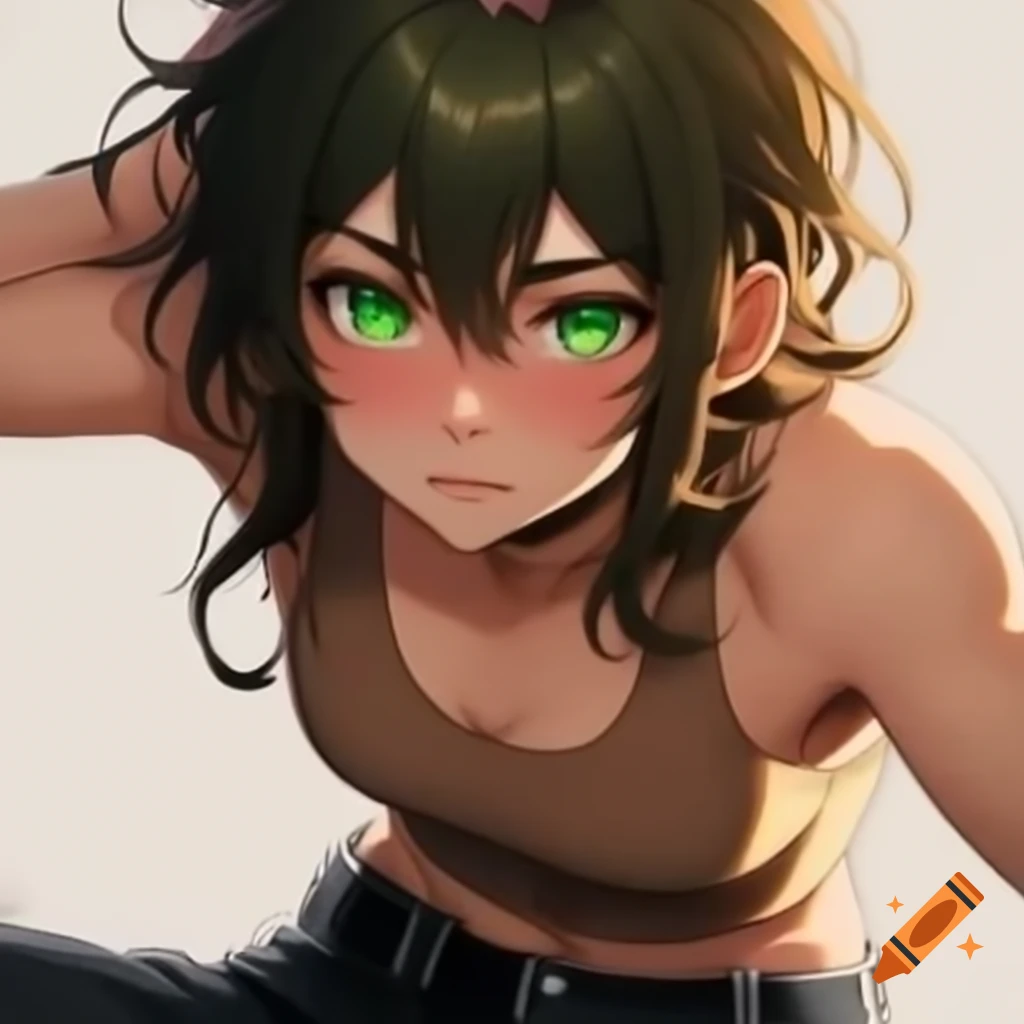 Cool sarcastic anime woman with messy brown hair and relaxed expression