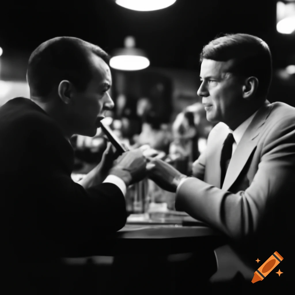 Historical scene of JFK socializing with Lee Harvey Oswald over drinks