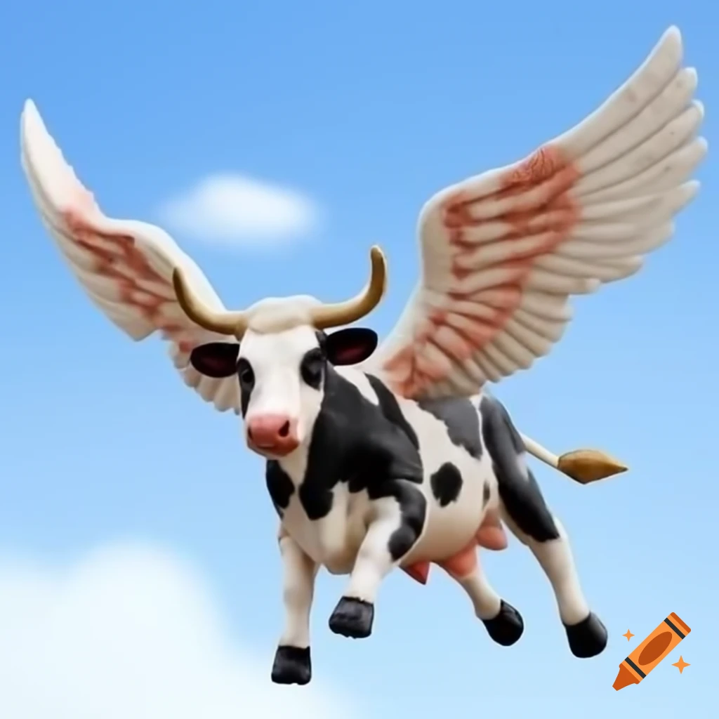 Realistic cow with angel wings flying in the sky