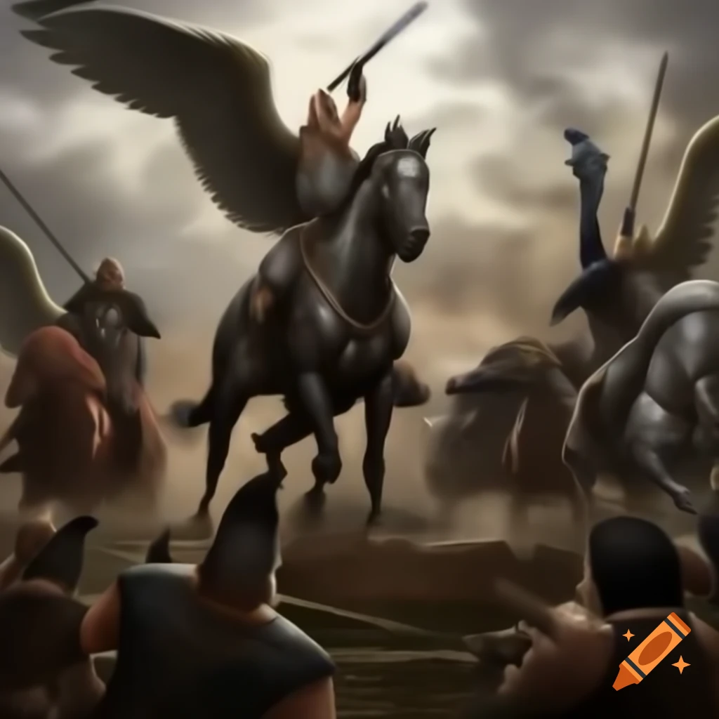 Ancient warriors with wings on horseback battling modern warriors in modern Crimea