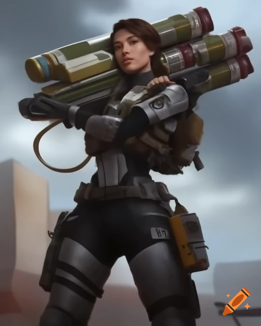 Futuristic soldier with rocket launcher and engineering tools