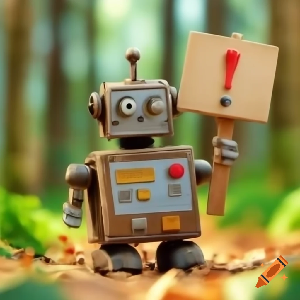 Old toy robot holding sign with exclamation mark in detailed forest