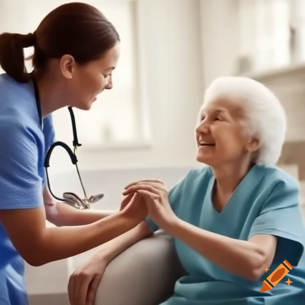 Young nurse offering help and warm smile to elderly person at home
