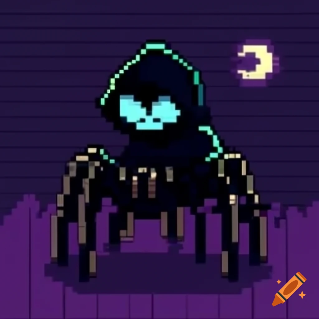 Pixel art depiction of a spider-themed hacker
