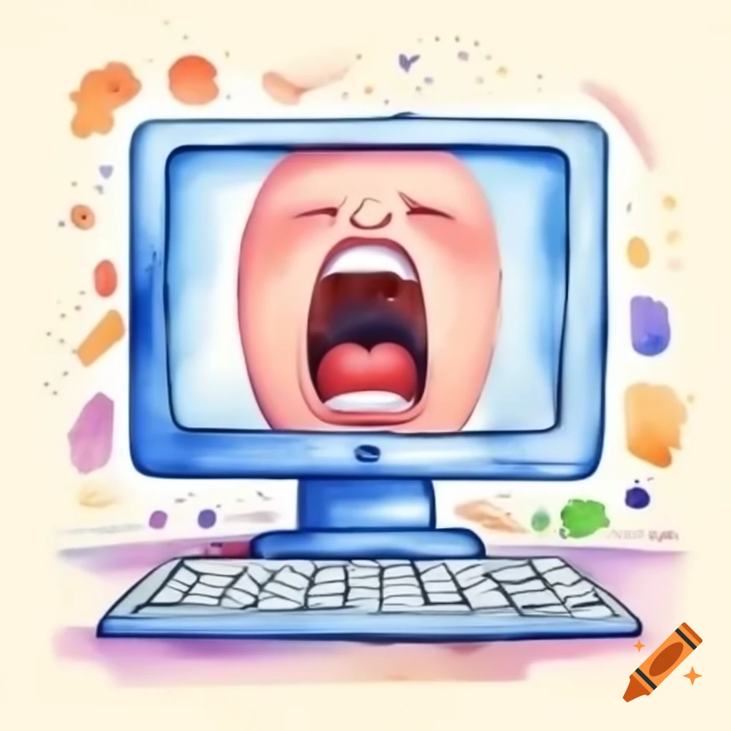 Creative depiction of a computer yawning on a desk