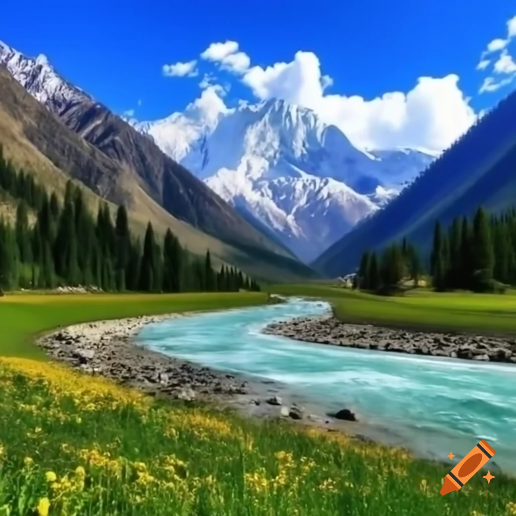 Wide-angle view of Pahalgam's Lidder River valley with clear river and pine trees