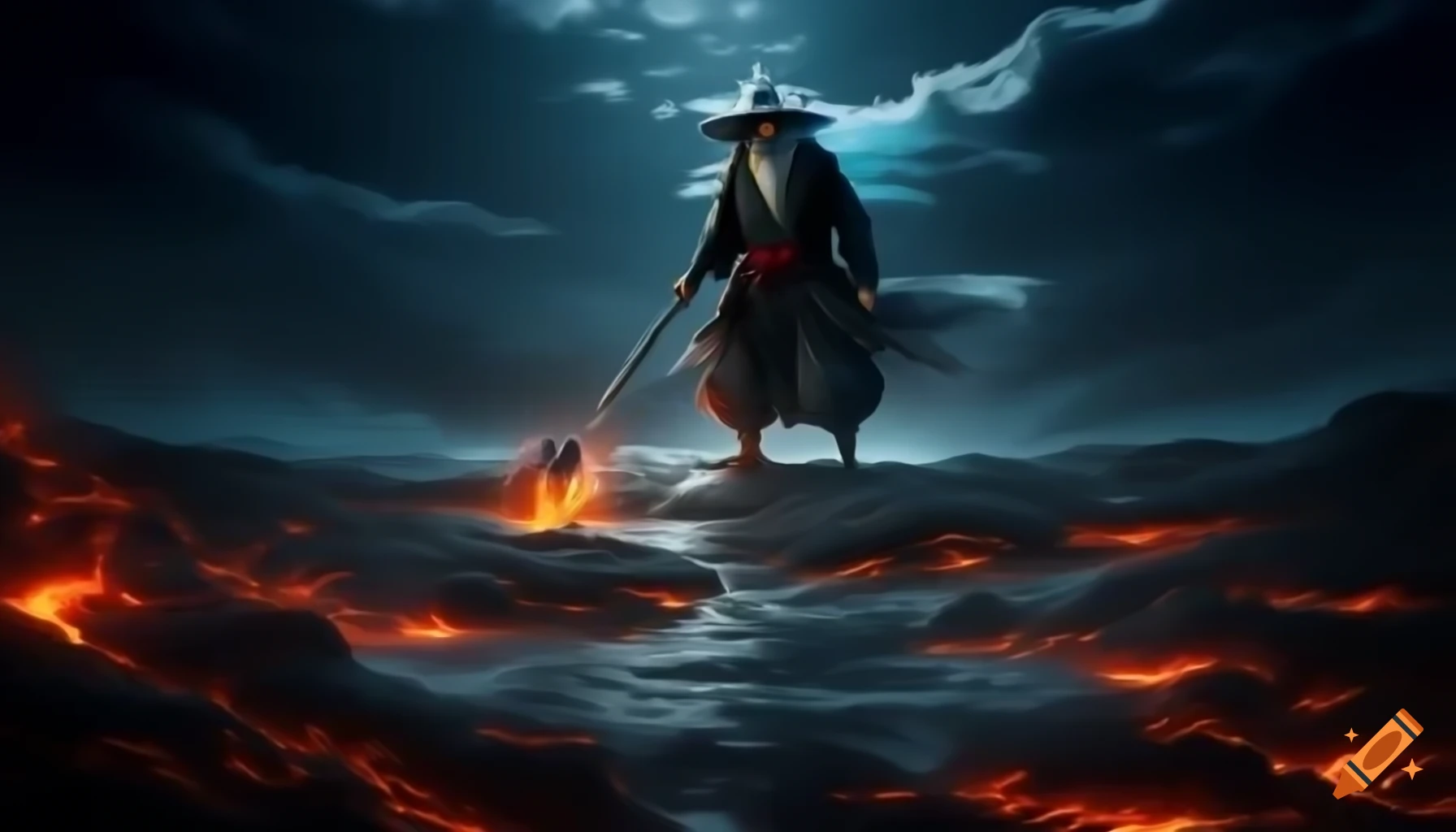 Ukiyo-e style illustration of Gandalf surfing on lava with dramatic anime lighting