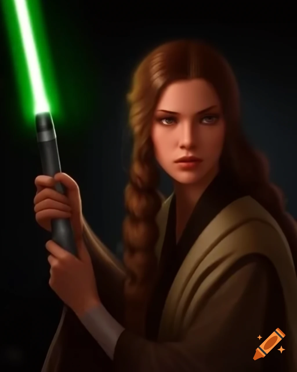 Female Jedi with brown hair holding green lightsaber in tan robe