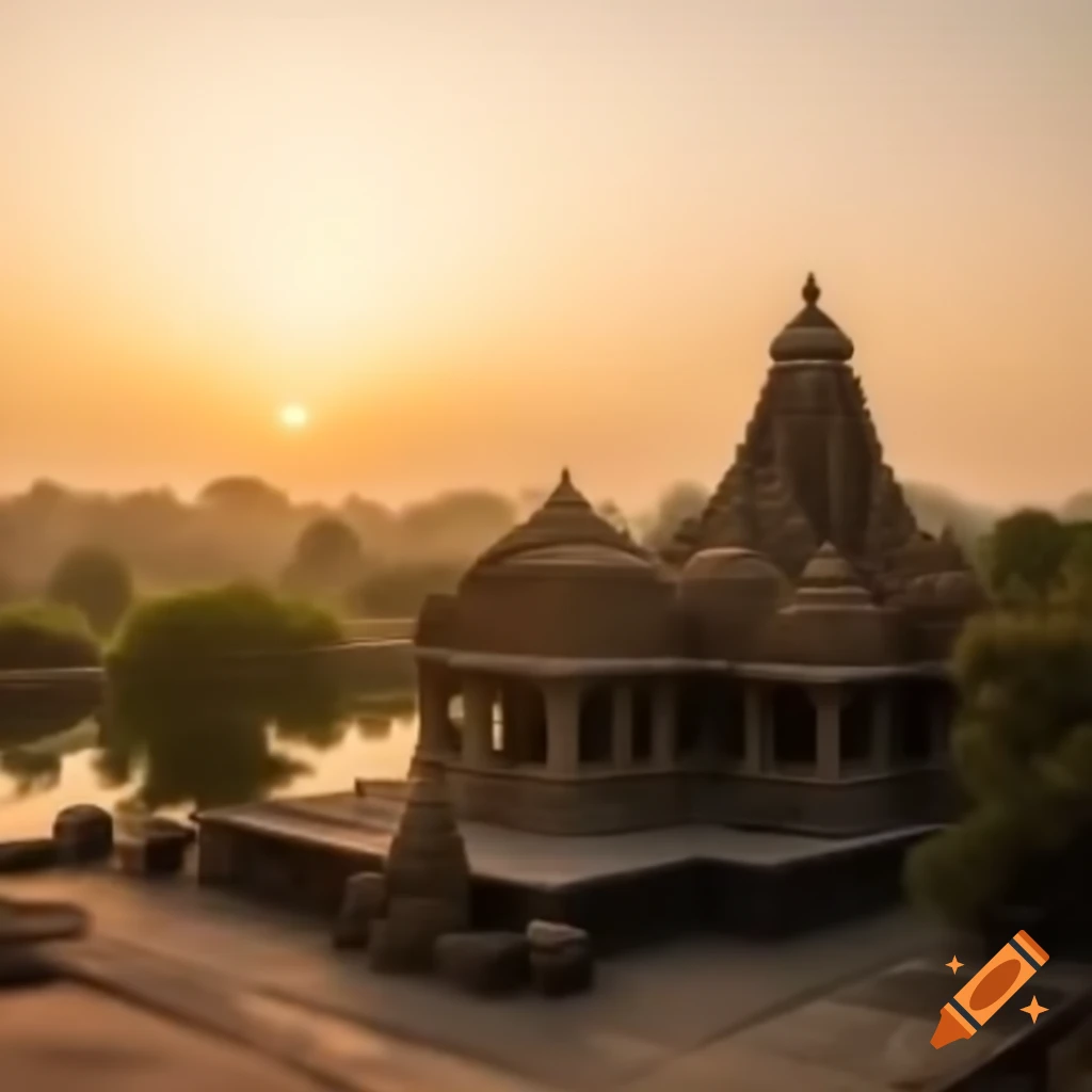 Serene sunrise over Indian temple with golden light