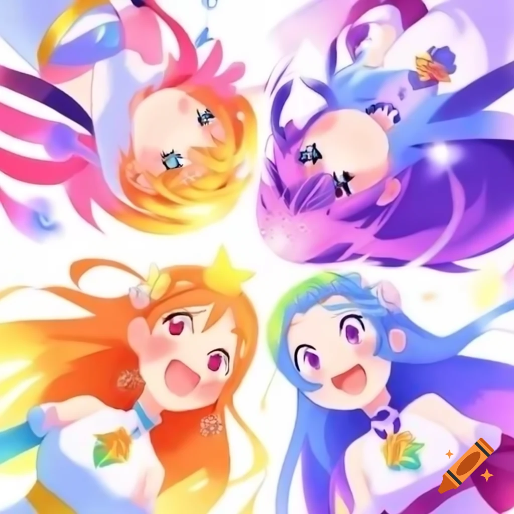 Four rainbow magical girls in dynamic poses, anime painting