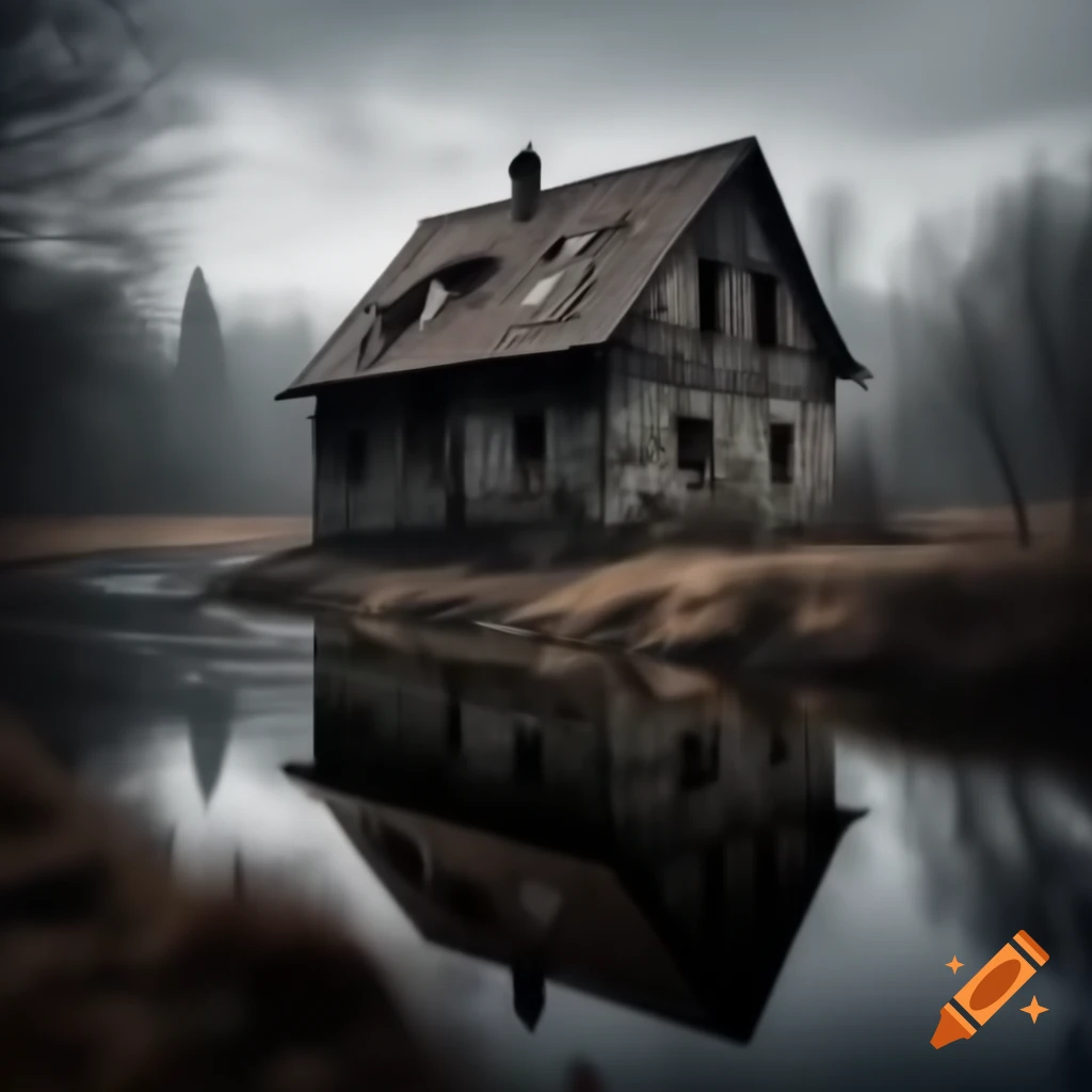 Vintage image of a broken German house near a river