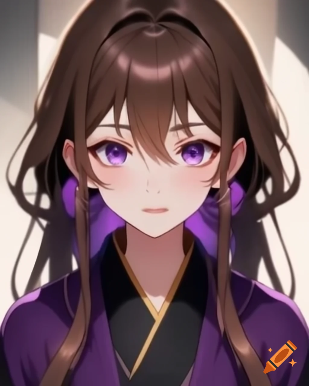 Anime girl with brown hair and light purple eyes in dark purple and black robes