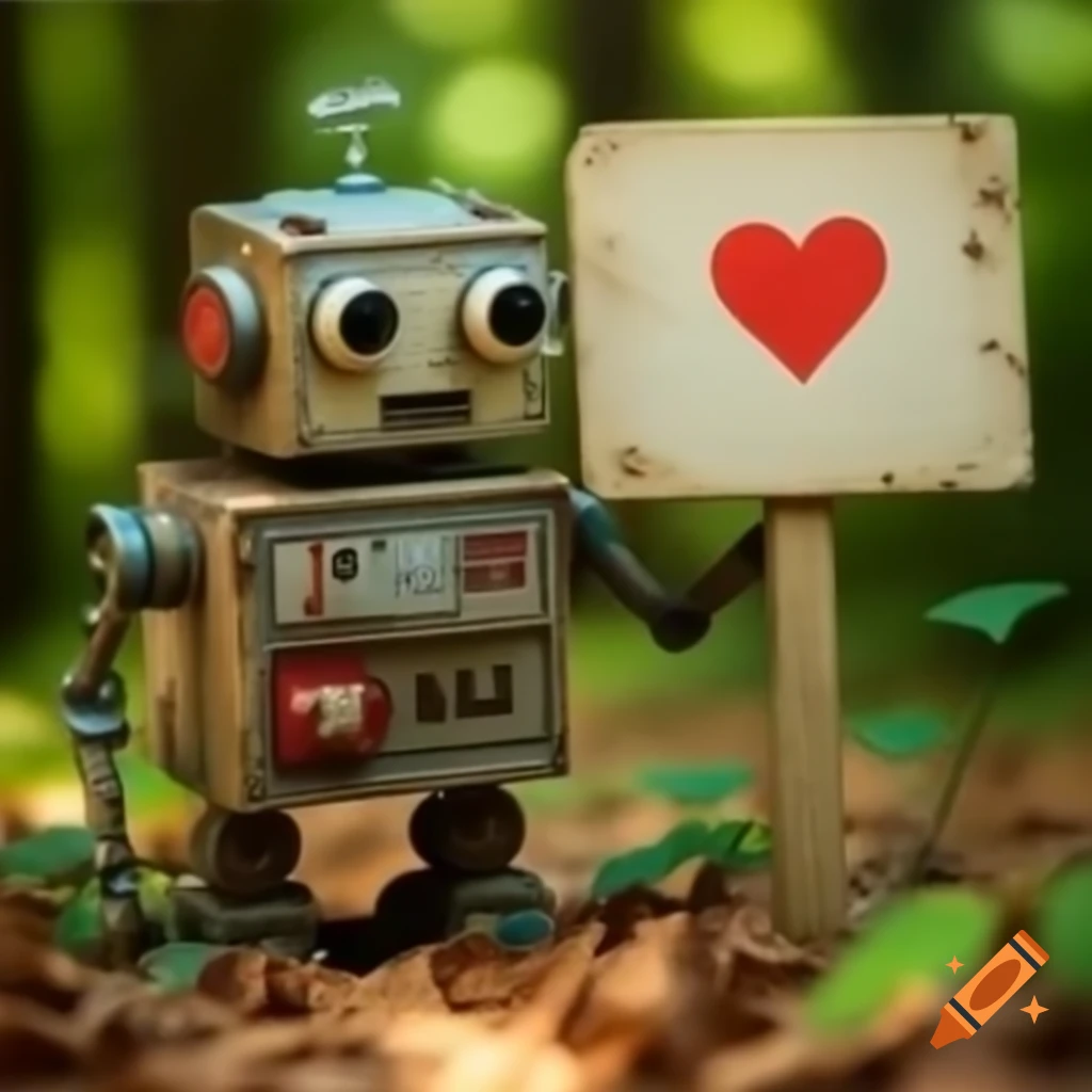 Old toy robot holding heart sign in a detailed forest setting