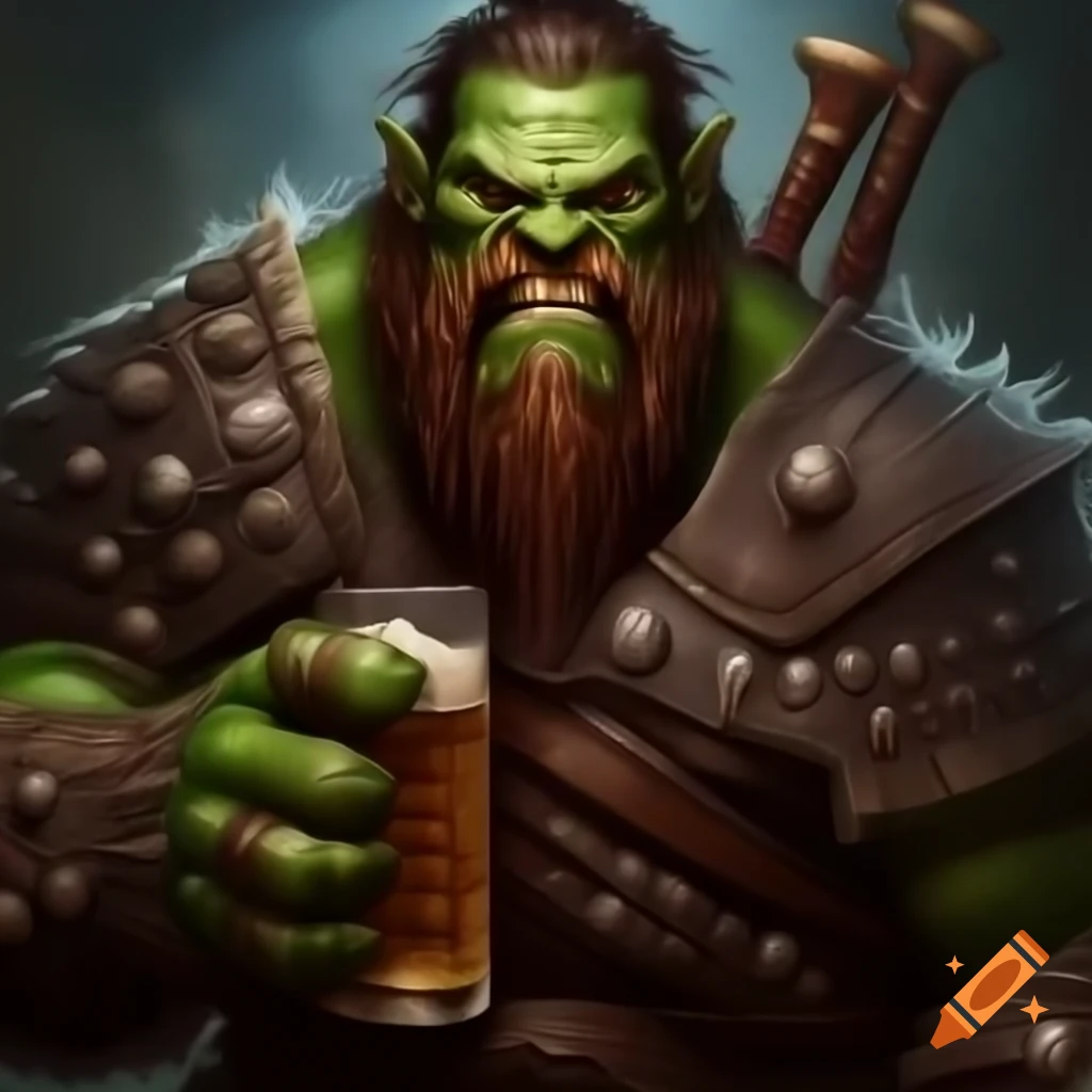 Half-orc barbarian with six-pack and beard drinking beer