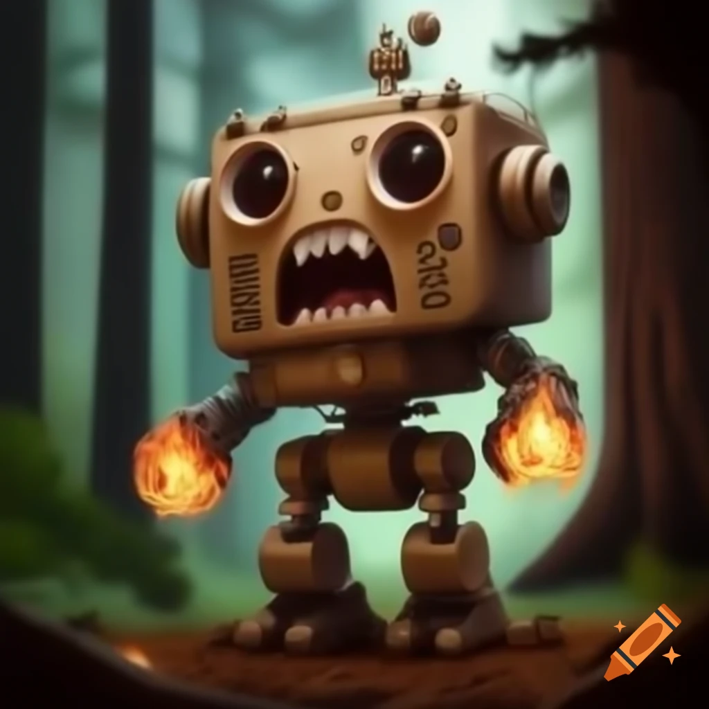 Cute hangry robot throwing fire in a forest, highly detailed 4k