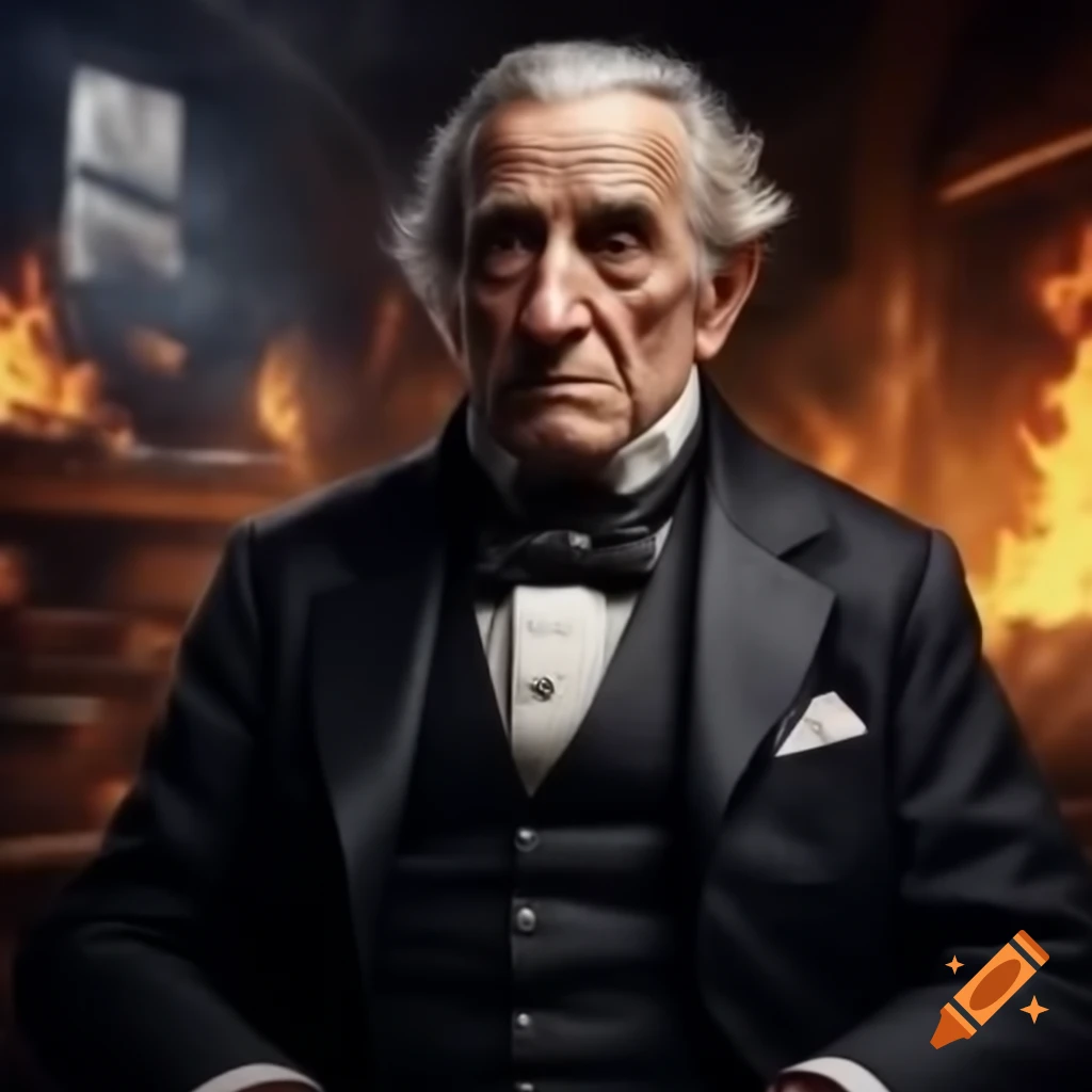 Old French man in tuxedo surrounded by flames in a corporate setting