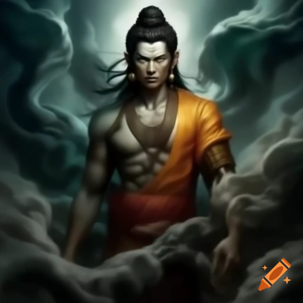 Mythical warrior in traditional attire preparing for transformation with powerful aura