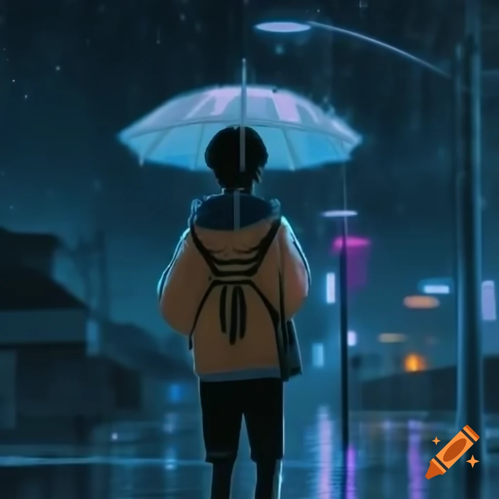 Anime boy with umbrella in heavy rain with cyberpunk lighting
