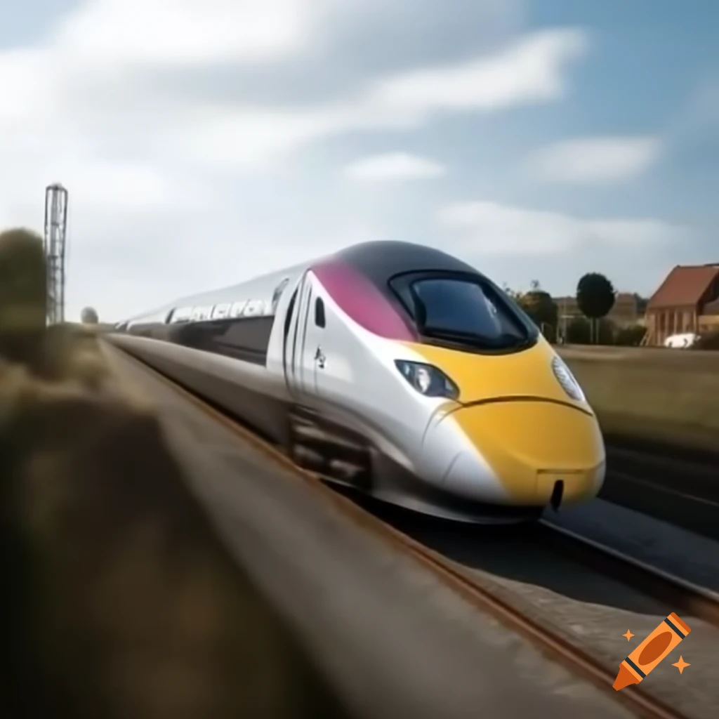 Modern high speed train passing through 1950's English village