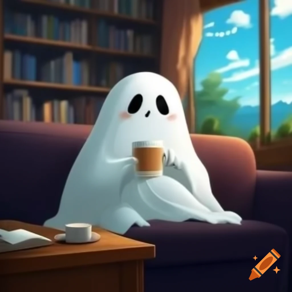 Ghost enjoying coffee on sofa in sunny library room