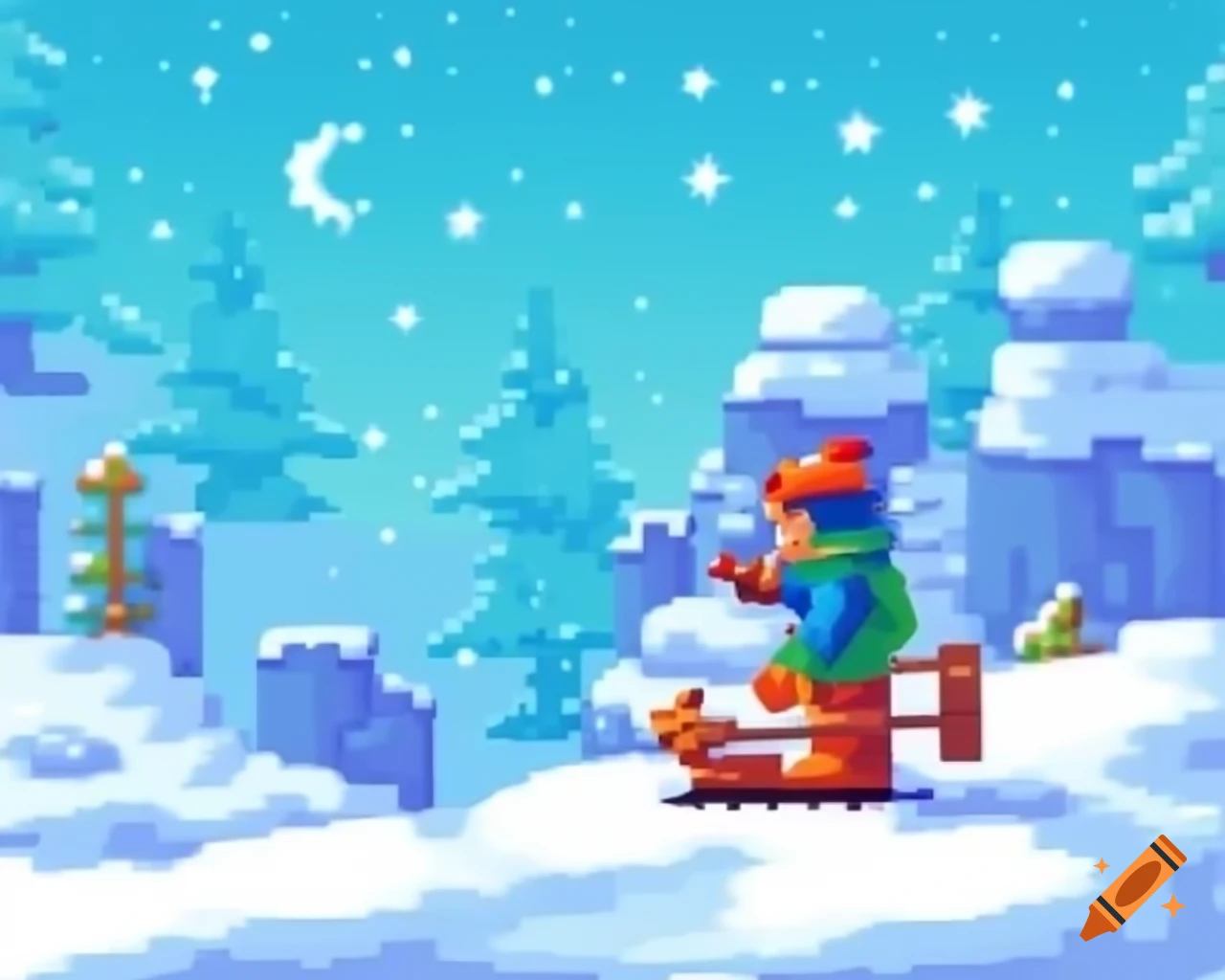 Pixelated background depicting a fun snowy landscape