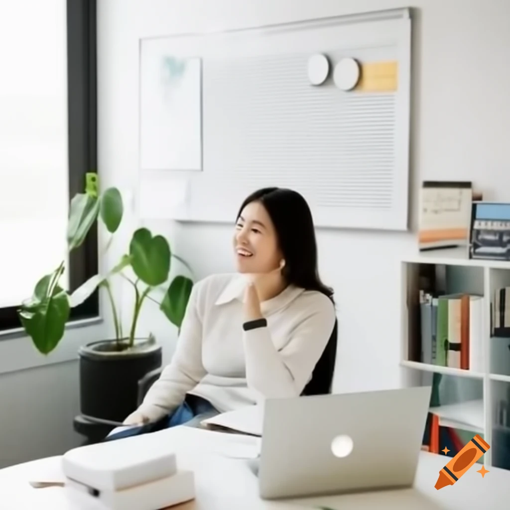 Modern office with smiling female bookkeeper at desk with laptop and accounting books