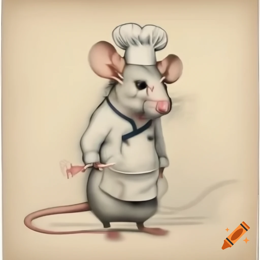 Portrait of a melancholic rat in chef's uniform, intricate pencil sketch