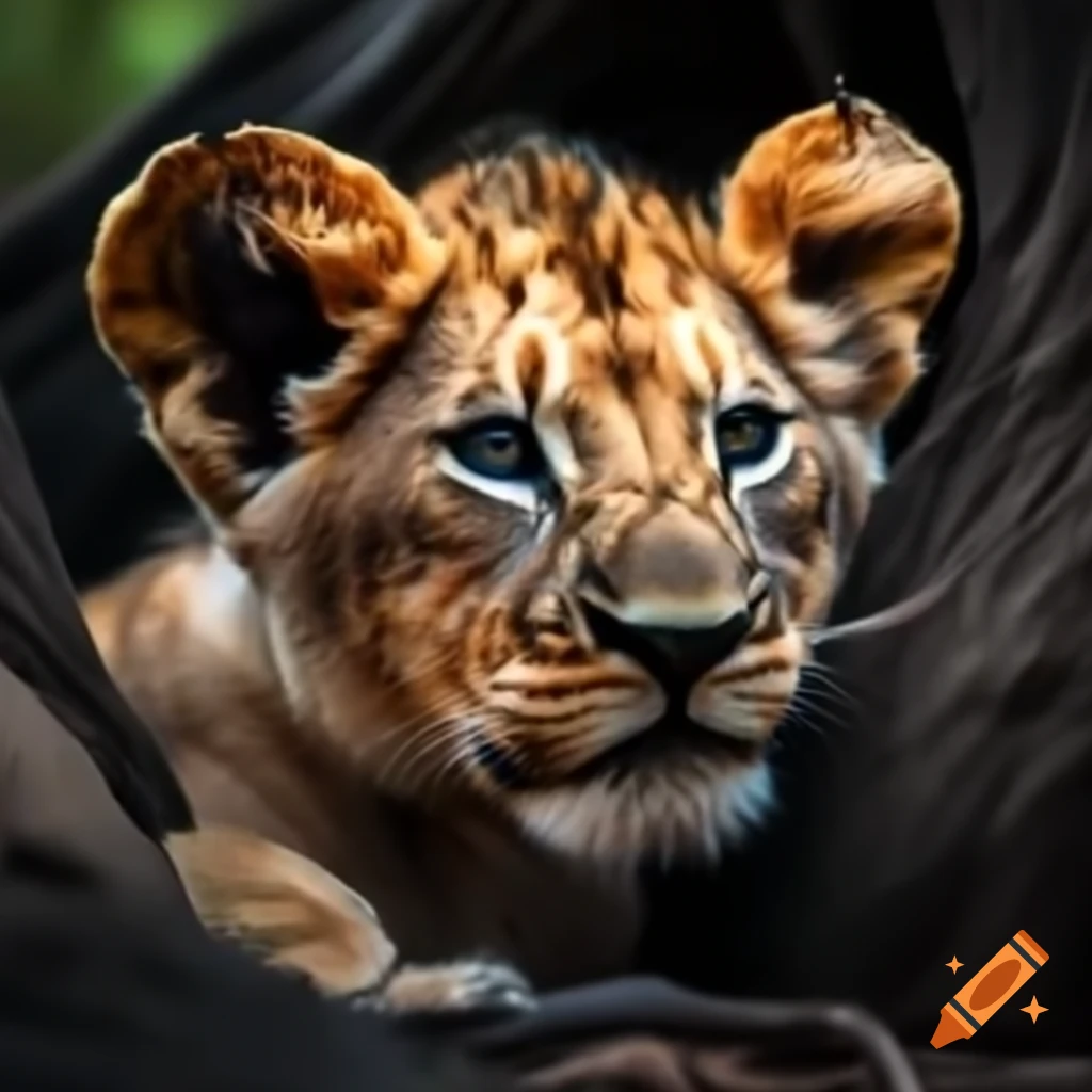 Lion cub surrounded by dark abyss