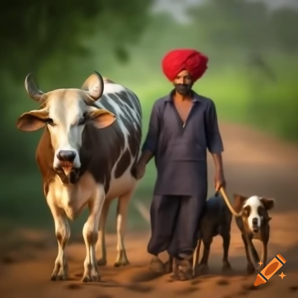 Indian farmer walking home with bull and dog
