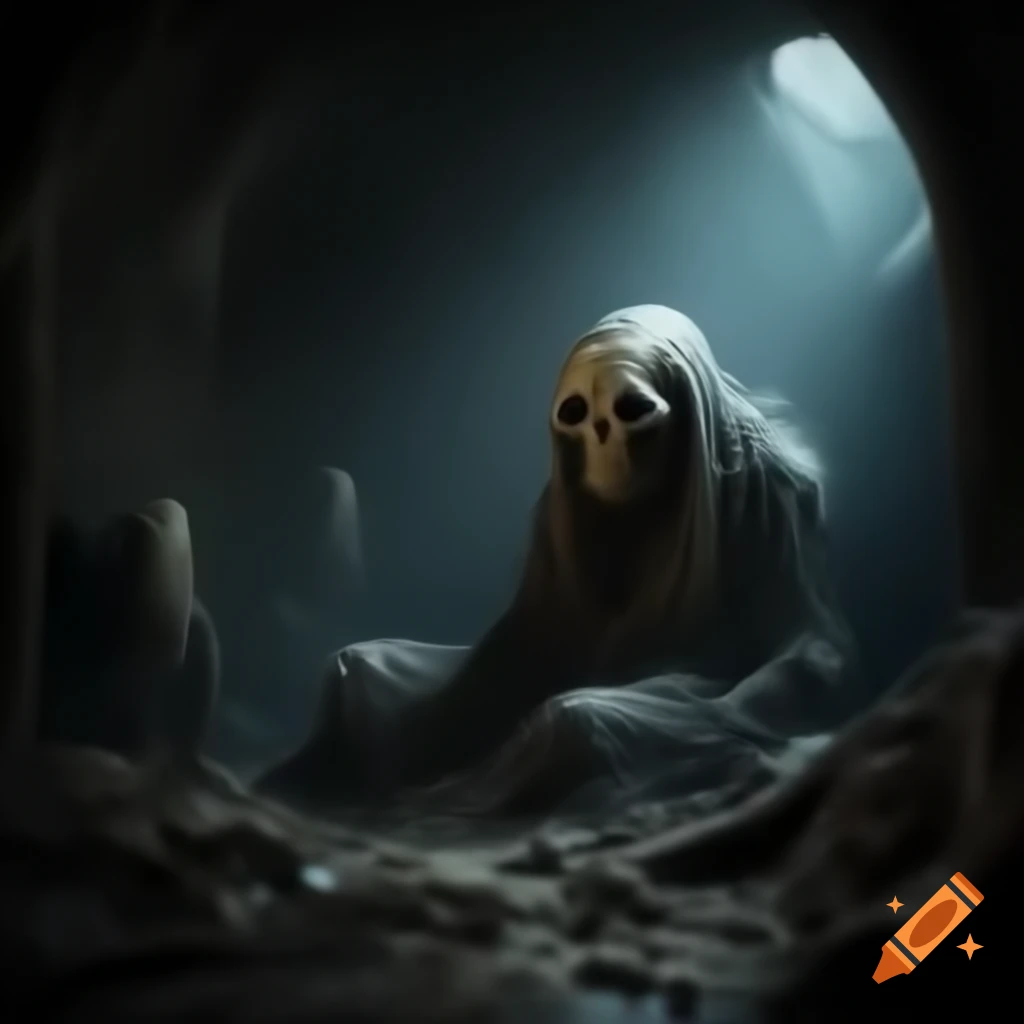 Creepy entity lurking in dark catacombs with a man in the foreground