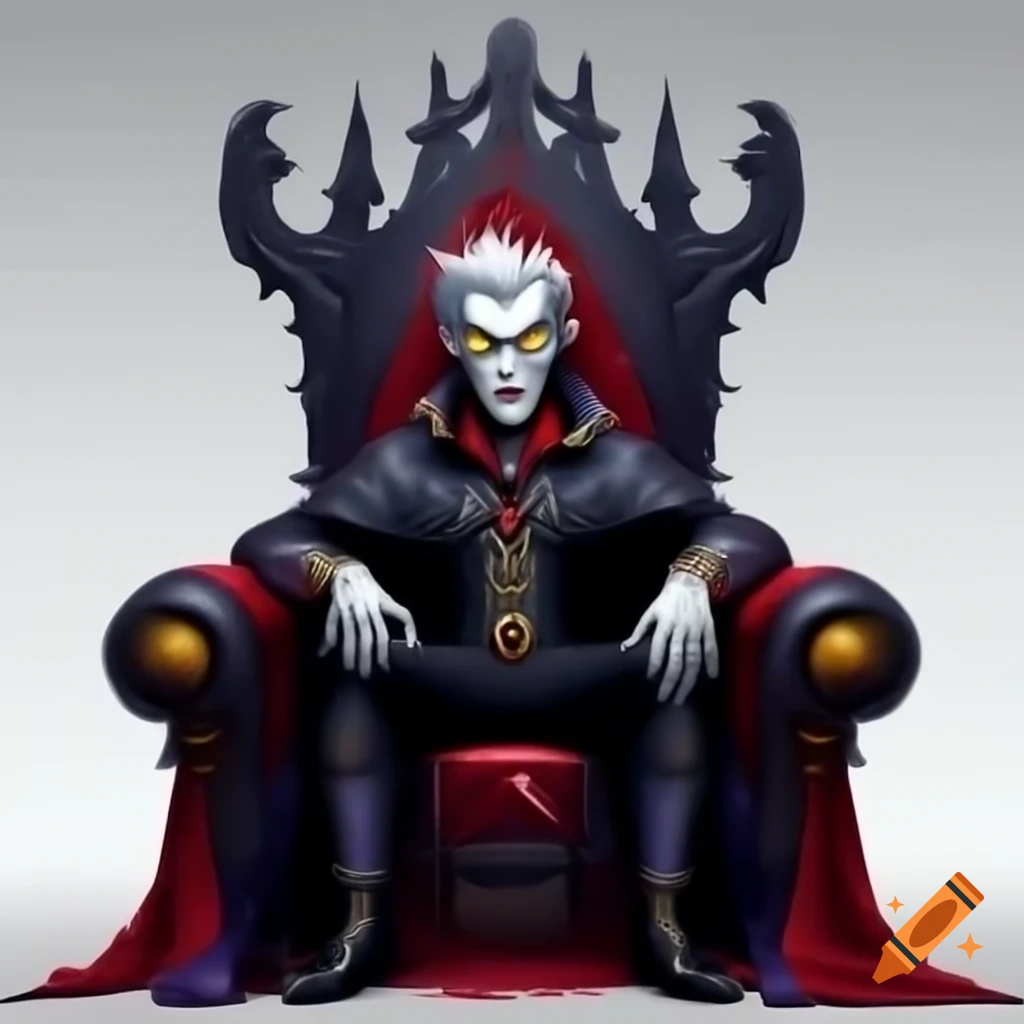 Regal vampire with yellow eyes sitting on decorated throne with trophies