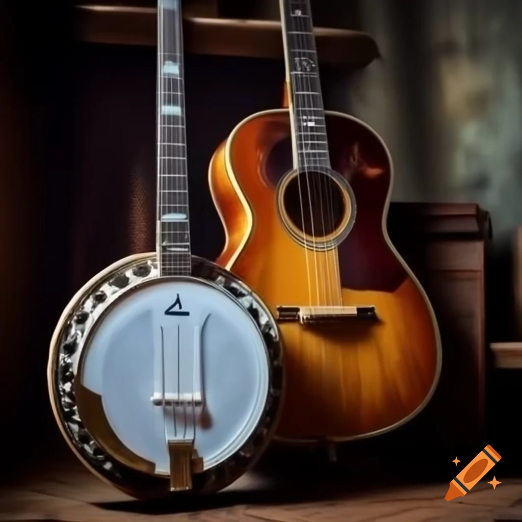 Old banjo and weathered acoustic guitar in rustic smoky room